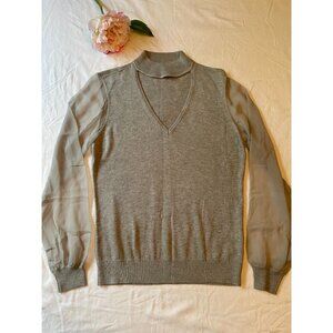 Unique Ramy Brook Sheer Sleeve Sweater V-Neck Long Sleeve Gray  Cashmere Silk Co
